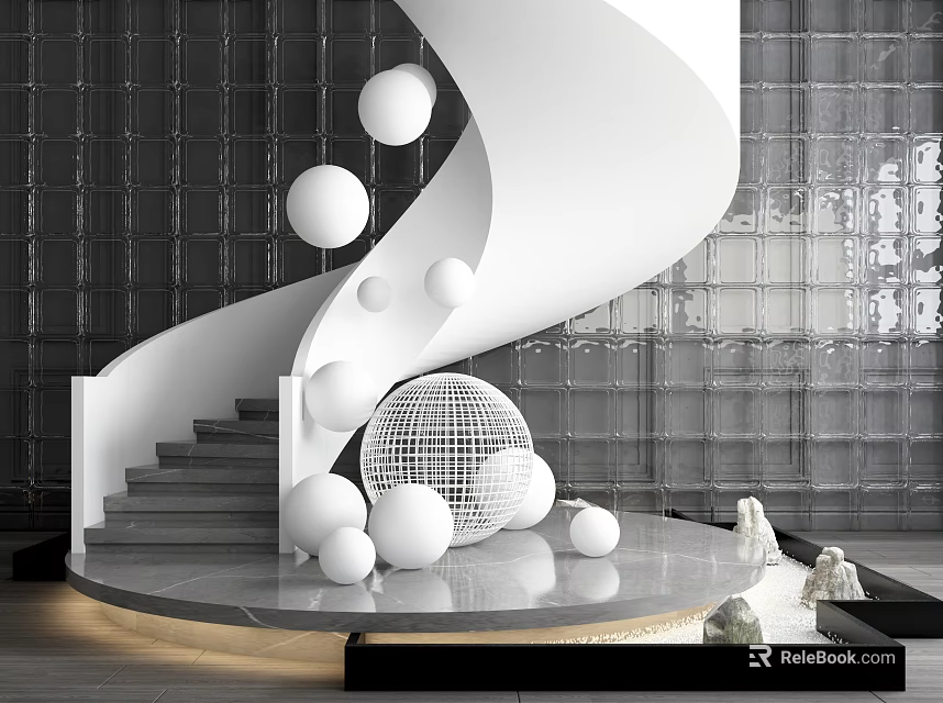 Modern Spiral Staircase Interior With White Spherical Decorations And Glass Wall Background 3d model 
