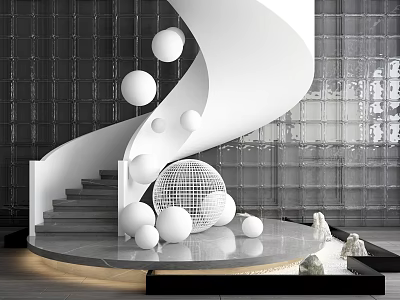 Modern Spiral Staircase Interior With White Spherical Decorations And Glass Wall Background 3d model