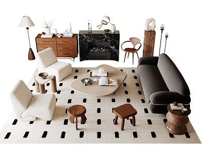 Modern Living Room Sofa and Coffee Table Set with Chairs Stools Striped Rug and Fireplace 3d model