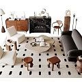 Modern Living Room Sofa and Coffee Table Set with Chairs Stools Striped Rug and Fireplace