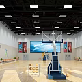 Modern Basketball Court With Wooden Floor Basketball Hoop Ceiling Lights And Spectator Seats