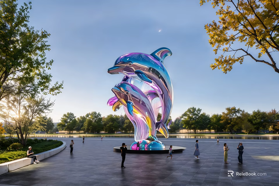 Vibrant Metallic Dolphin Landscape Sculpture In Park With People Around 3d model 