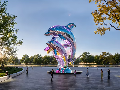 Vibrant Metallic Dolphin Landscape Sculpture In Park With People Around 3d model