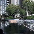 Modern Architectural Facade Featuring Glass Curtain Walls Symmetrical Design Illuminated Entrance And Landscaped Greenery