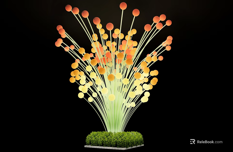 Decorative Flower Shaped Outdoor Light With Slender Stems Orange Yellow Round Lights And Green Base 3d model 