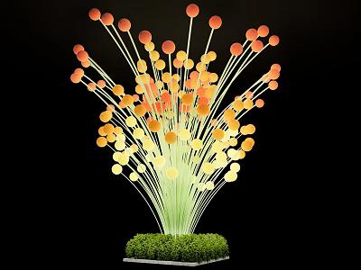 Decorative Flower Shaped Outdoor Light With Slender Stems Orange Yellow Round Lights And Green Base 3d model
