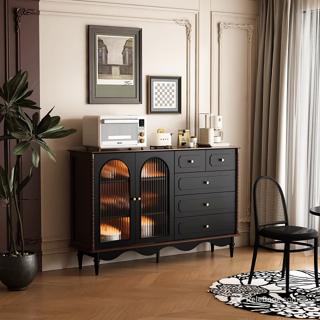 Elegant Black Sideboard Dining Interior With Glass Doors Drawers Microwave And Decorative Items 3d model 