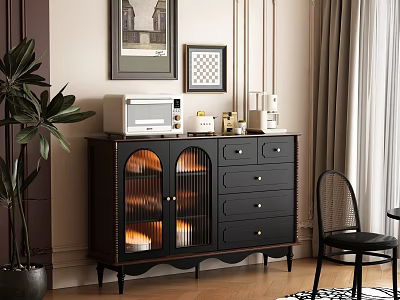 Elegant Black Sideboard Dining Interior With Glass Doors Drawers Microwave And Decorative Items 3d model