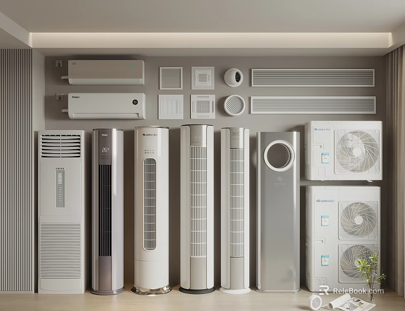 Indoor Home Appliance Showcase With Various Wall Mounted Floor Standing Air Conditioners And Fans 3d model 