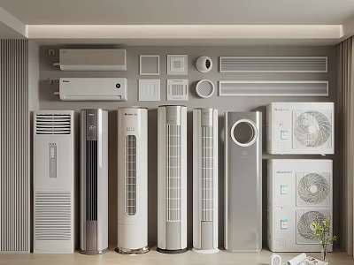 Indoor Home Appliance Showcase With Various Wall Mounted Floor Standing Air Conditioners And Fans 3d model