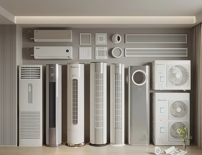 Indoor Home Appliance Showcase With Various Wall Mounted Floor Standing Air Conditioners And Fans 3d model