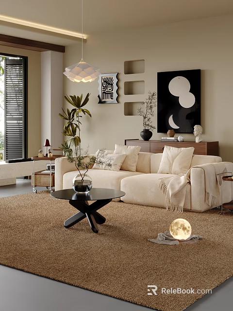 Modern Bedroom Interior With Window Blinds Chandelier Artwork Plants Beige Rug And Moon Decor 3d model 