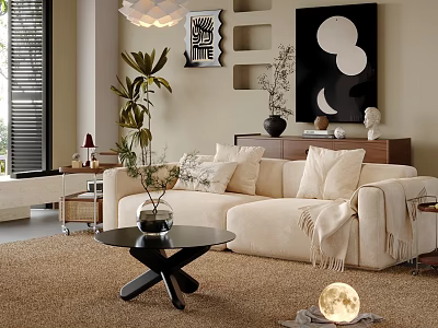 Modern Bedroom Interior With Window Blinds Chandelier Artwork Plants Beige Rug And Moon Decor 3d model