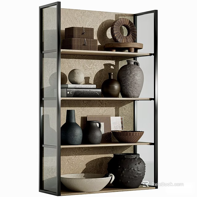 Elegant Ceramic Vessels Display on Modern Glass Shelf with Decorative Items 3d model 