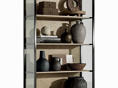 Elegant Ceramic Vessels Display on Modern Glass Shelf with Decorative Items 3d model