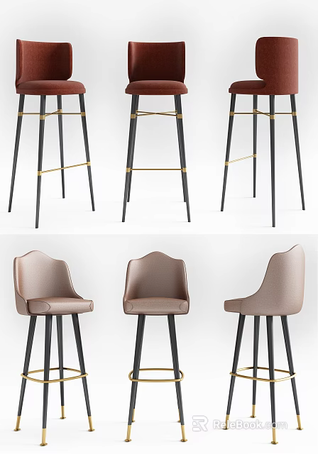 Brown Leather Bar Stools With Black Metal Legs And Curved Backrest Design 3d model 