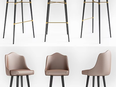 Brown Leather Bar Stools With Black Metal Legs And Curved Backrest Design 3d model