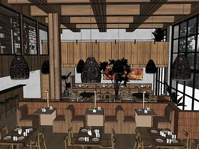 Rustic Modern Restaurant Interior With Wooden Beams Woven Pendant Lights And Large Plant 3d model