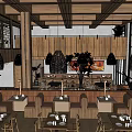 Rustic Modern Restaurant Interior With Wooden Beams Woven Pendant Lights And Large Plant