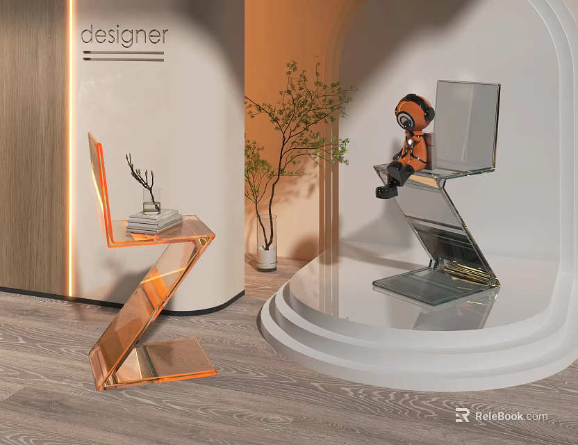 Modern Z Shaped Leisure Chair Featuring Gold Metal Frame On Display Stand With Decorative Plant 3d model 