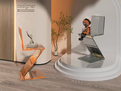Modern Z Shaped Leisure Chair Featuring Gold Metal Frame On Display Stand With Decorative Plant 3d model