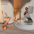 Modern Z Shaped Leisure Chair Featuring Gold Metal Frame On Display Stand With Decorative Plant
