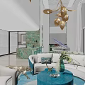 Modern Living Room Interior With White Sofa Turquoise Coffee Table Brass Chandelier And Large Windows