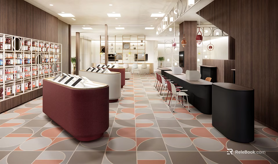 Specialty Store Interior Featuring Red White Curved Counters Bookshelves Tables And Geometric Floor Tiles 3d model 