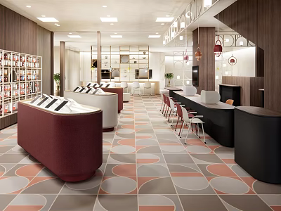Specialty Store Interior Featuring Red White Curved Counters Bookshelves Tables And Geometric Floor Tiles 3d model