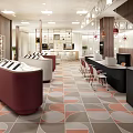 Specialty Store Interior Featuring Red White Curved Counters Bookshelves Tables And Geometric Floor Tiles