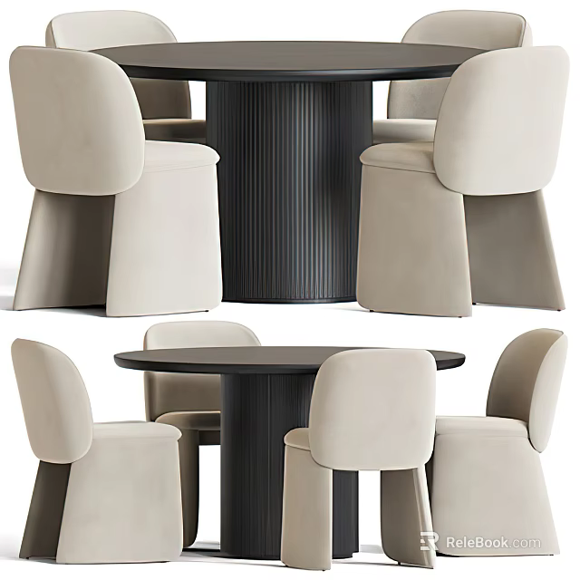 Modern Dining Table Set With Round Black Ribbed Table And Beige Padded Chairs 3d model 