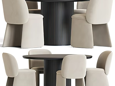 Modern Dining Table Set With Round Black Ribbed Table And Beige Padded Chairs 3d model
