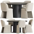 Modern Dining Table Set With Round Black Ribbed Table And Beige Padded Chairs 3d model
