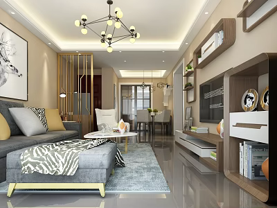 Modern Living and Dining Room Interior With Sofa Coffee Table TV Wall Chandelier and Rug 3d model