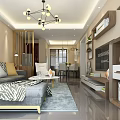 Modern Living and Dining Room Interior With Sofa Coffee Table TV Wall Chandelier and Rug