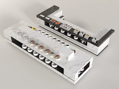 Modern Bar Counter Design With Marble Surface And Arranged Glasses Plus Colorful Tools 3d model