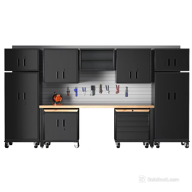 Kitchen Interior Featuring Black Cabinets On Wheels Tools Hanging On Wall And Workbench 3d model 