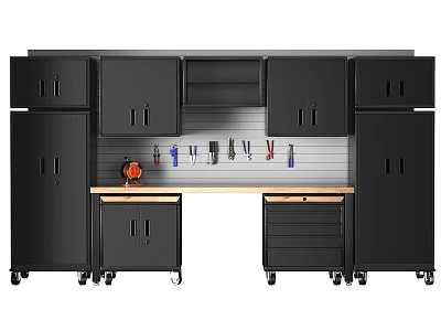 Kitchen Interior Featuring Black Cabinets On Wheels Tools Hanging On Wall And Workbench 3d model
