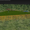 Outdoor Circular Green Lawn With Yellow Scaffolding Red Blue Arched Structures And People