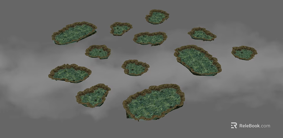 Cartoon Scene With Green Irregular Grasslike Shapes Brown Edges On Gray Background 3d model 