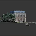 European Architecture With Blue Roof Arched Windows Classical Facade Steps And Green Plants