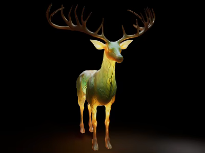 Shiny Green And Yellow Reptile Statue With Large Horns On Black Background 3d model