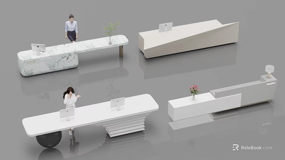Modern Reception Desk Designs With Marble Countertop Computer Green Plant And Flower 3d model 