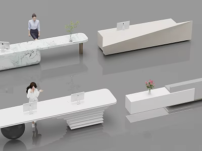 Modern Reception Desk Designs With Marble Countertop Computer Green Plant And Flower 3d model