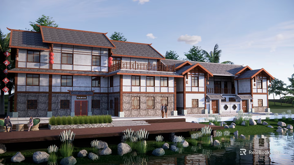 Traditional Rural Self Built House With Wooden Structure And Waterfront Garden 3d model 