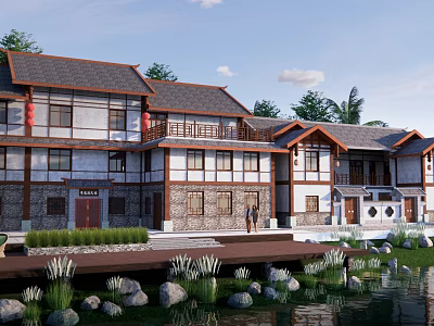 Traditional Rural Self Built House With Wooden Structure And Waterfront Garden 3d model