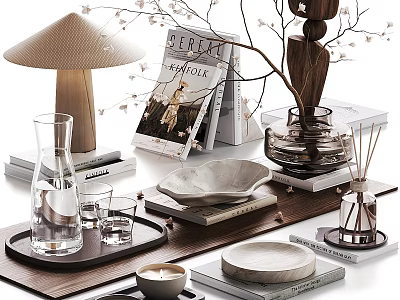 Modern Decorative Ornament Set With Table Lamp Books Vase Tray And Glass Cups 3d model