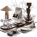 Modern Decorative Ornament Set With Table Lamp Books Vase Tray And Glass Cups