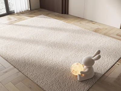 Beige Square Plush Rug with Rabbit Decor Holding Glowing Ball in Cozy Modern Living Space 3d model