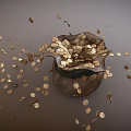 Traditional Clay Pottery Jar Overflowing With Gold Coins And Scattered Coins